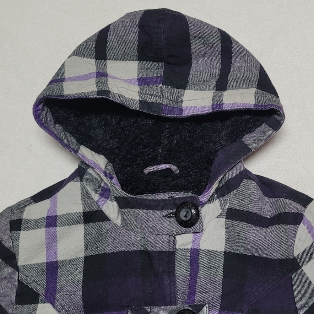 Fox Vintage Y2K Purple Plaid Flannel Black Faux Fur Lined Hooded Bomber Jacket - Picture 3 of 11